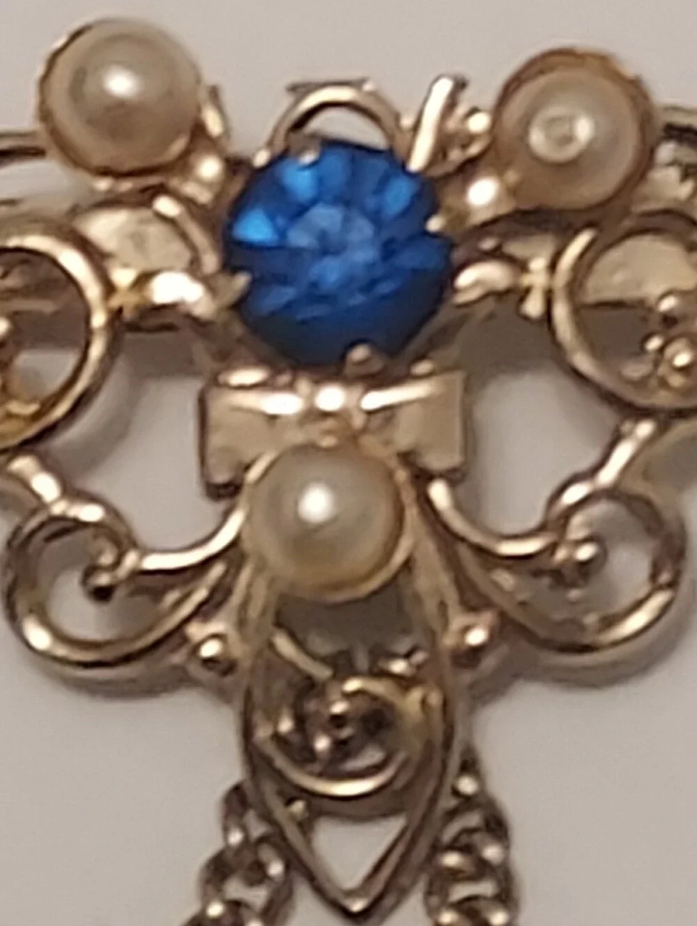 Vintage Goldtone Filigree Chatelaine Brooch Blue Rhinestones Faux Pearls 2.5in.